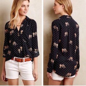 Anthropologie Maeve Black Cheetah Polka Dot Button Down Blouse/Top Size 2